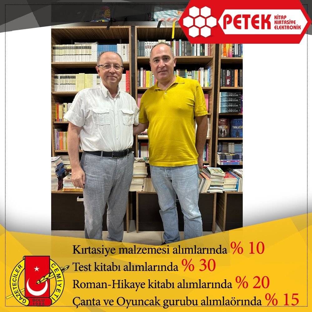 Petek Kırtasiye tarafından kırtasiye malzemesi alımında % 10, test kitabı alımında % 30, roman ve hikaye kitabı alımında % 20, çanta ve oyuncak grubu alımlarında % 15 indirim